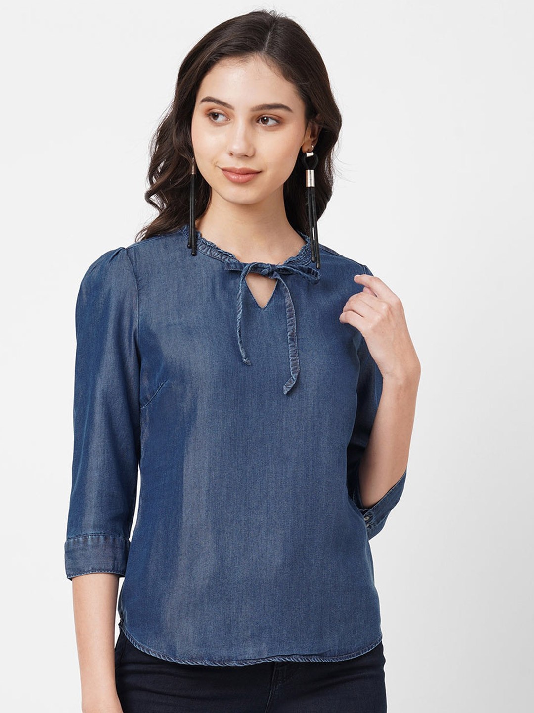 

Kraus Jeans Tie-Up Neck Denim Top, Blue