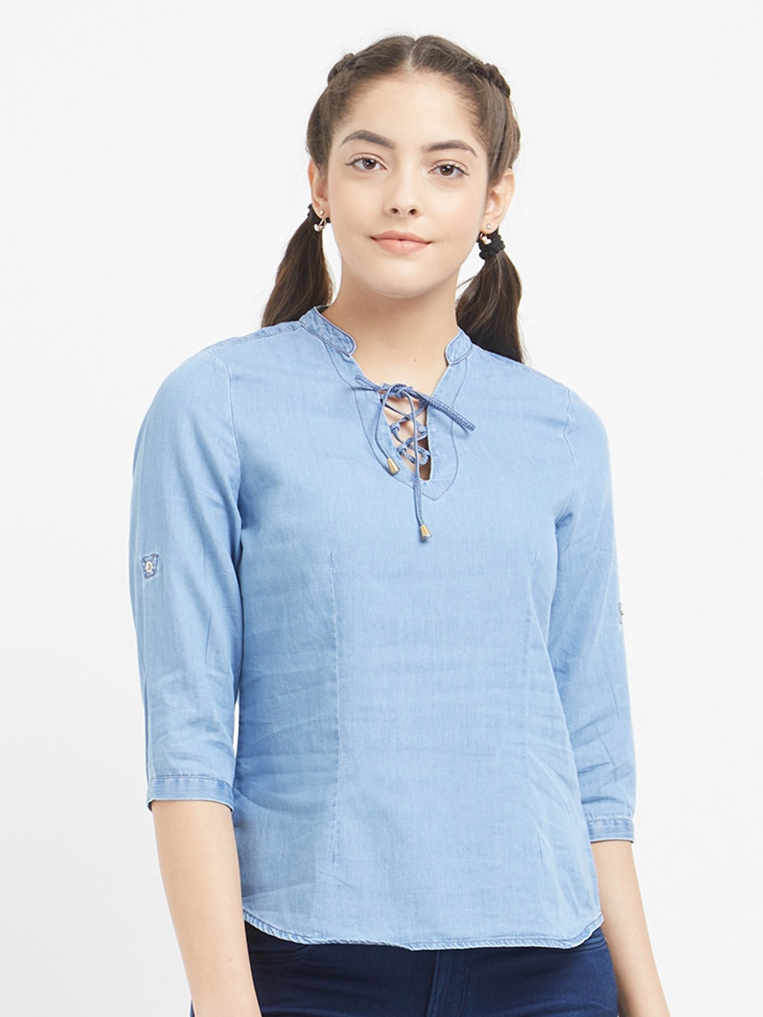 

Kraus Jeans Tie-Up Neck Pure Cotton Top, Blue