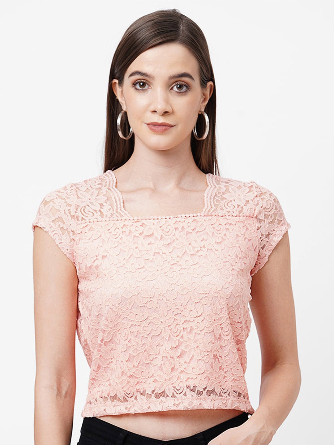 

Kraus Jeans Square Neck Lace Crop Top, Peach