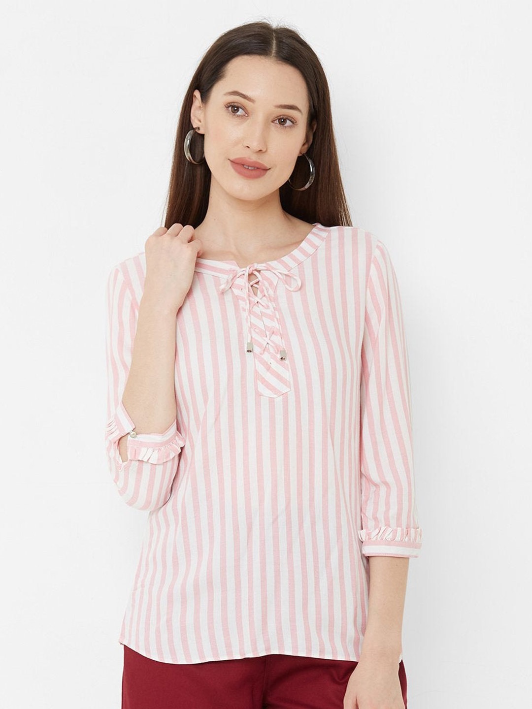 

Kraus Jeans Striped Tie-Up Neck Top, White