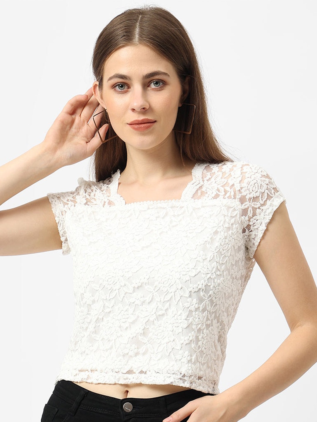 

Kraus Jeans Square Neck Lace Crop Top, Off white