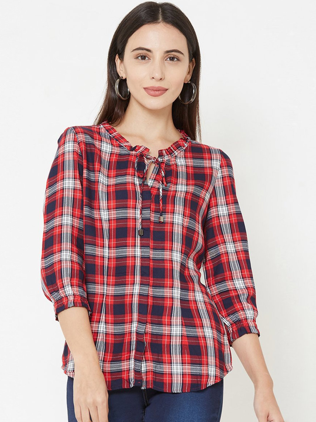 

Kraus Jeans Checked Mandarin Collar Shirt Style Top, Red