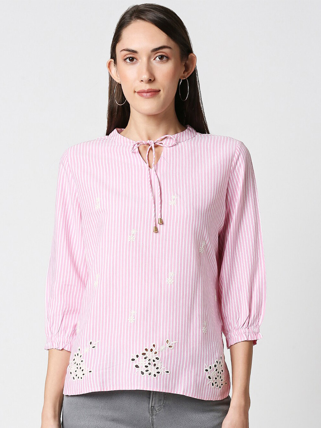 

Kraus Jeans Striped Tie-Up Neck Top, White