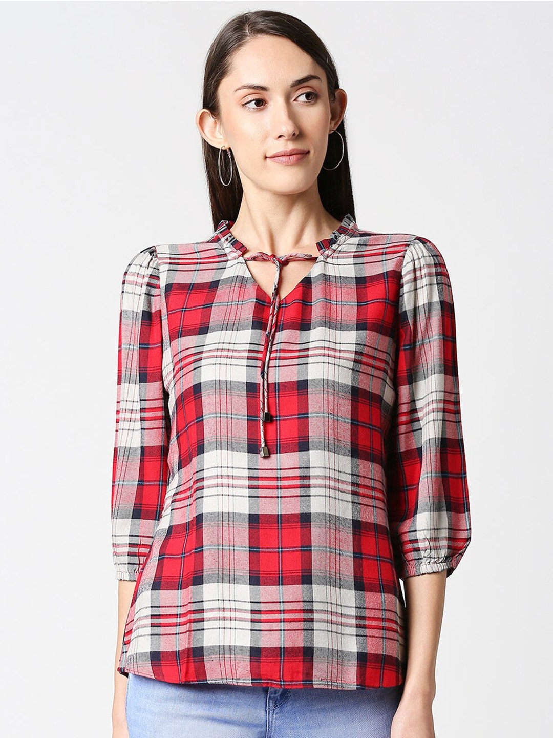 

Kraus Jeans Checked Mandarin Collar Top, Red