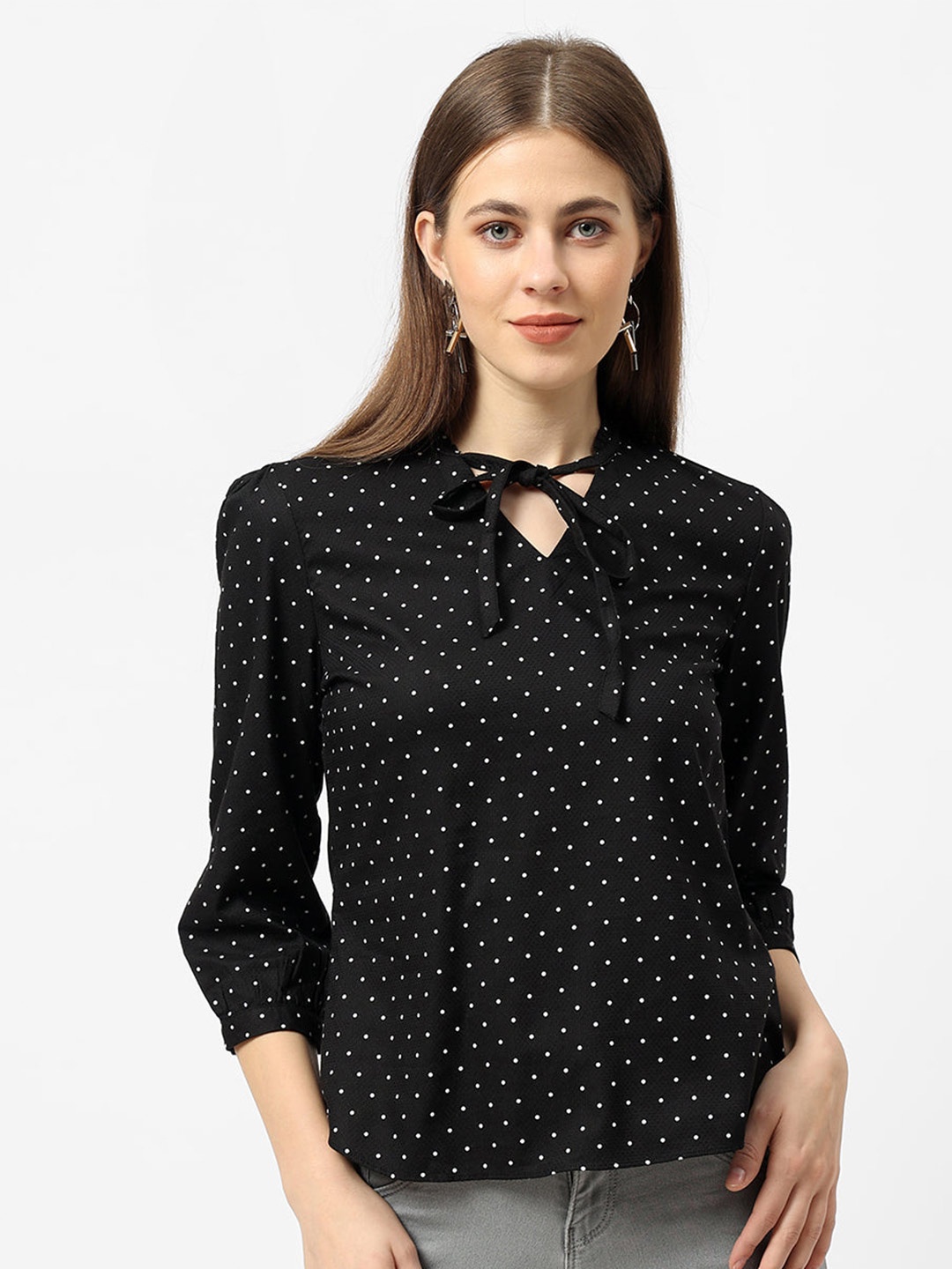 

Kraus Jeans Print Tie-Up Neck Top, Black