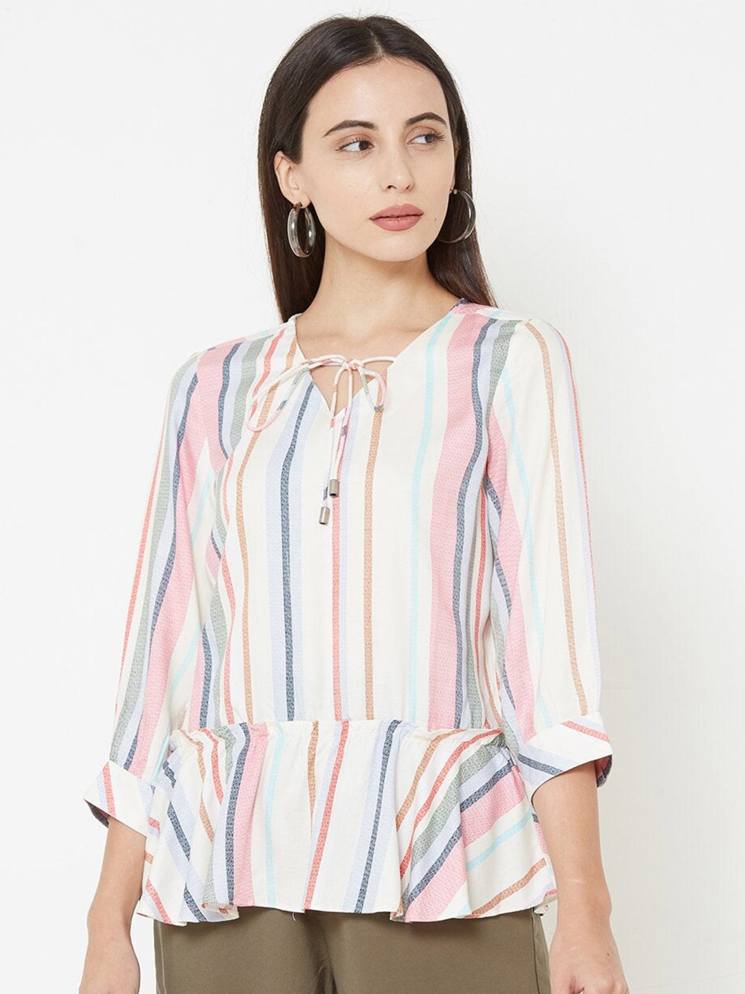 

Kraus Jeans Striped Tie-Up Neck Peplum Top, Multi