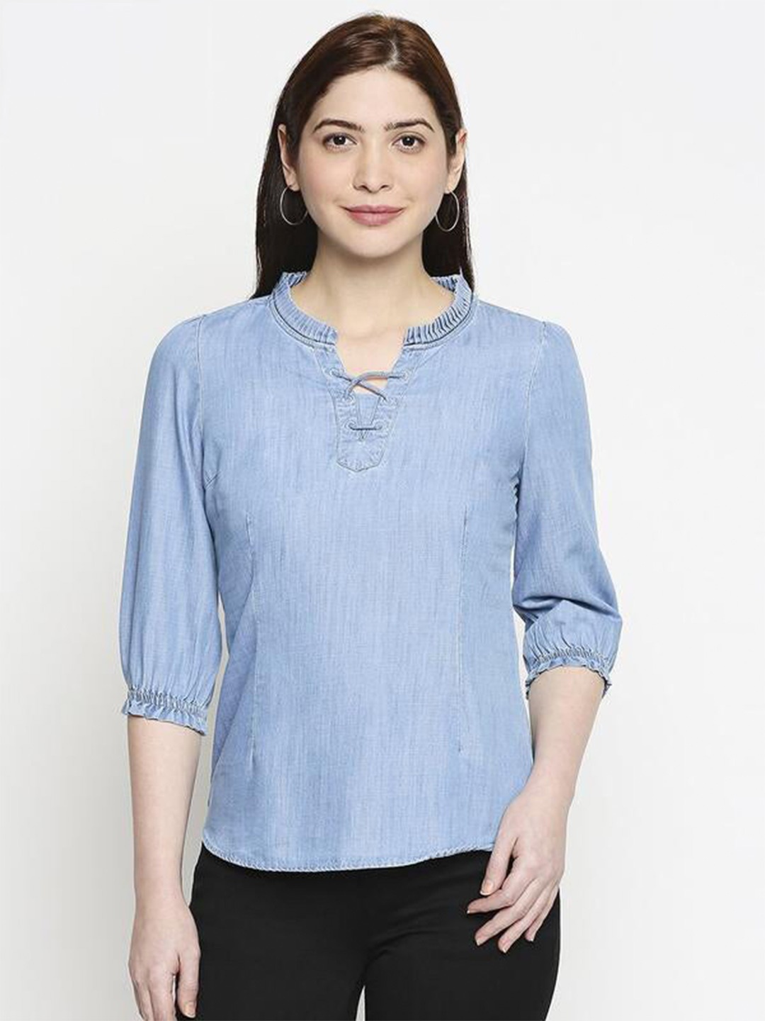 

Kraus Jeans Mandarin Collar Denim Top, Blue