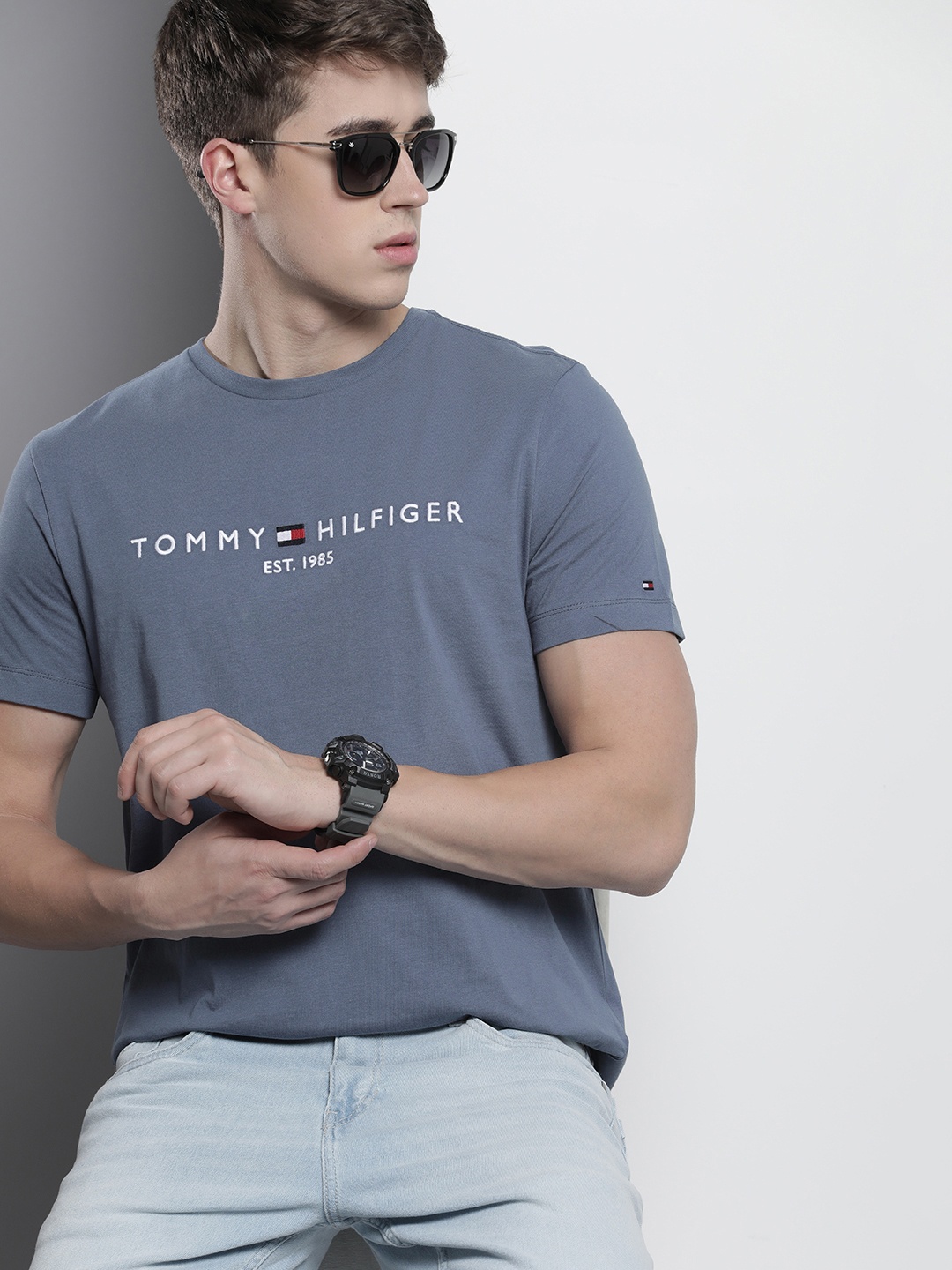 

Tommy Hilfiger Brand Logo Embroidered Knitted Pure Cotton T-shirt, Blue