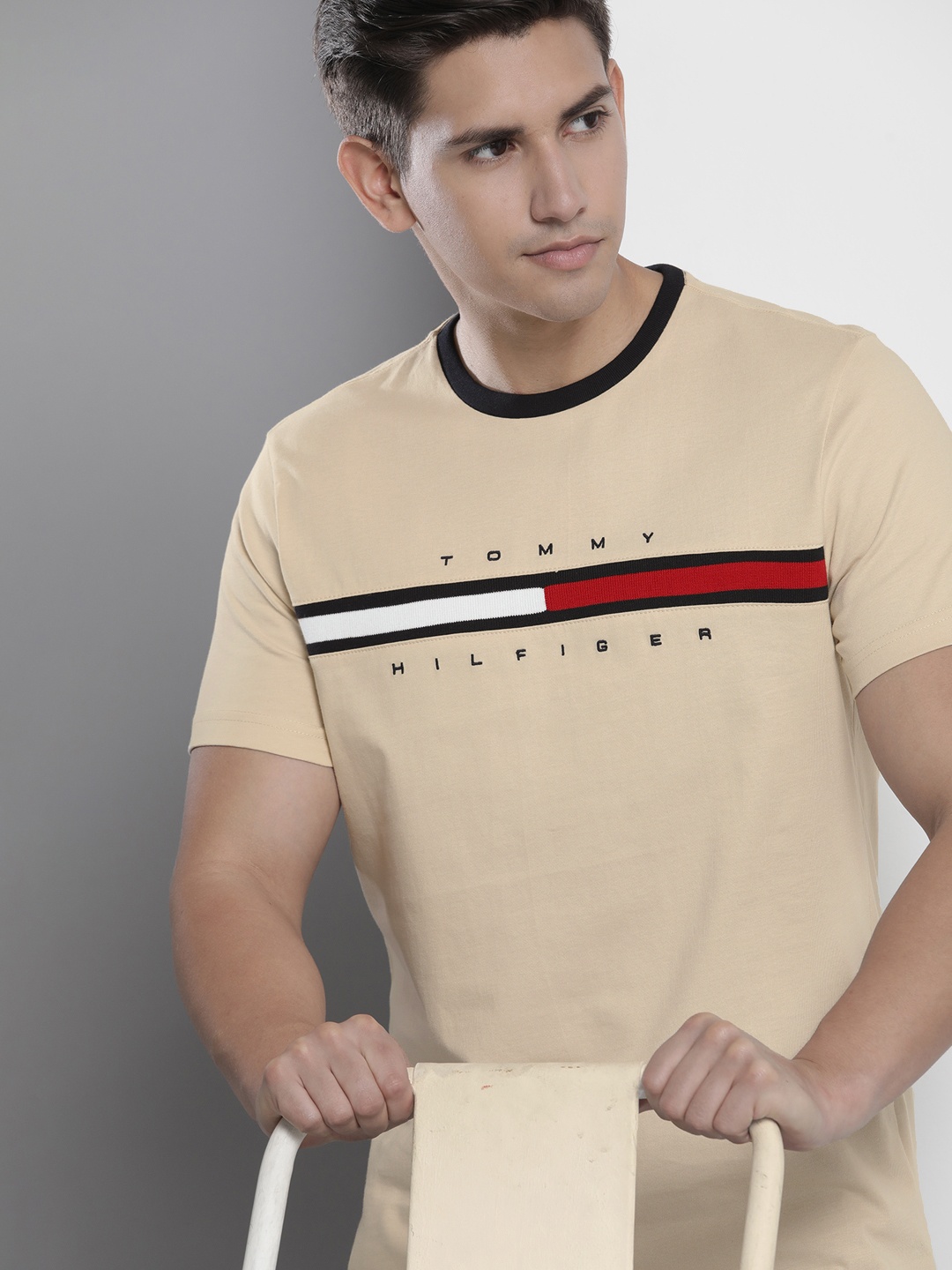 

Tommy Hilfiger Men Brand Logo Detail Striped Pure Cotton T-shirt, Beige