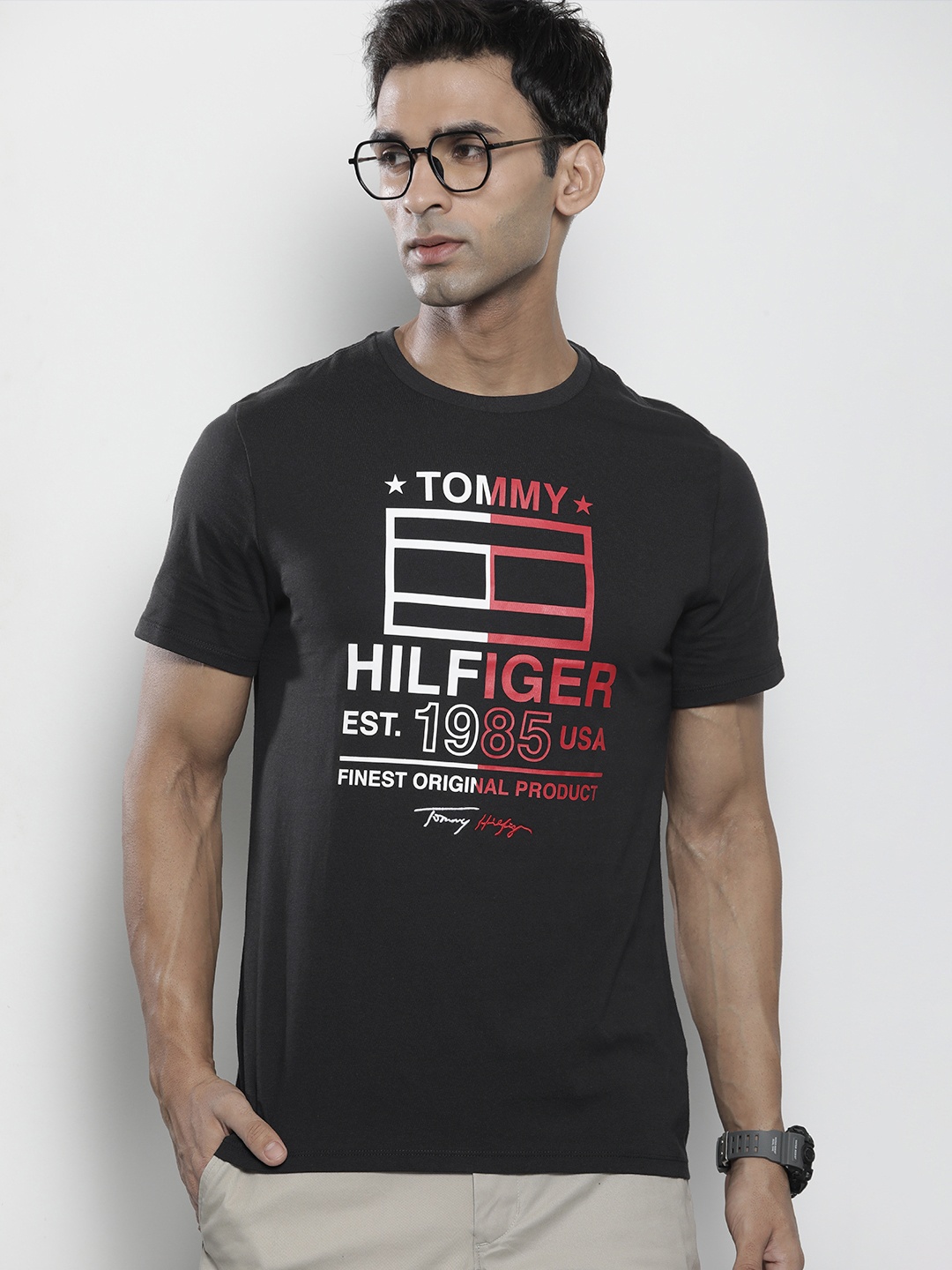 

Tommy Hilfiger Men Pure Cotton Brand Logo Printed Casual T-shirt, Black