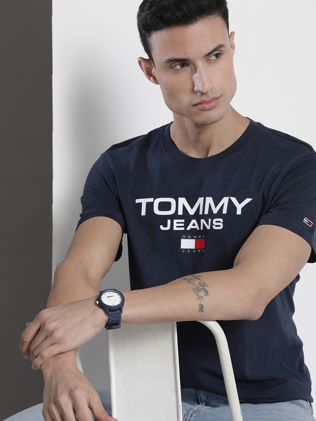 

Tommy Hilfiger Men Pure Cotton Sustainable Brand Logo Printed T-shirt, Navy blue