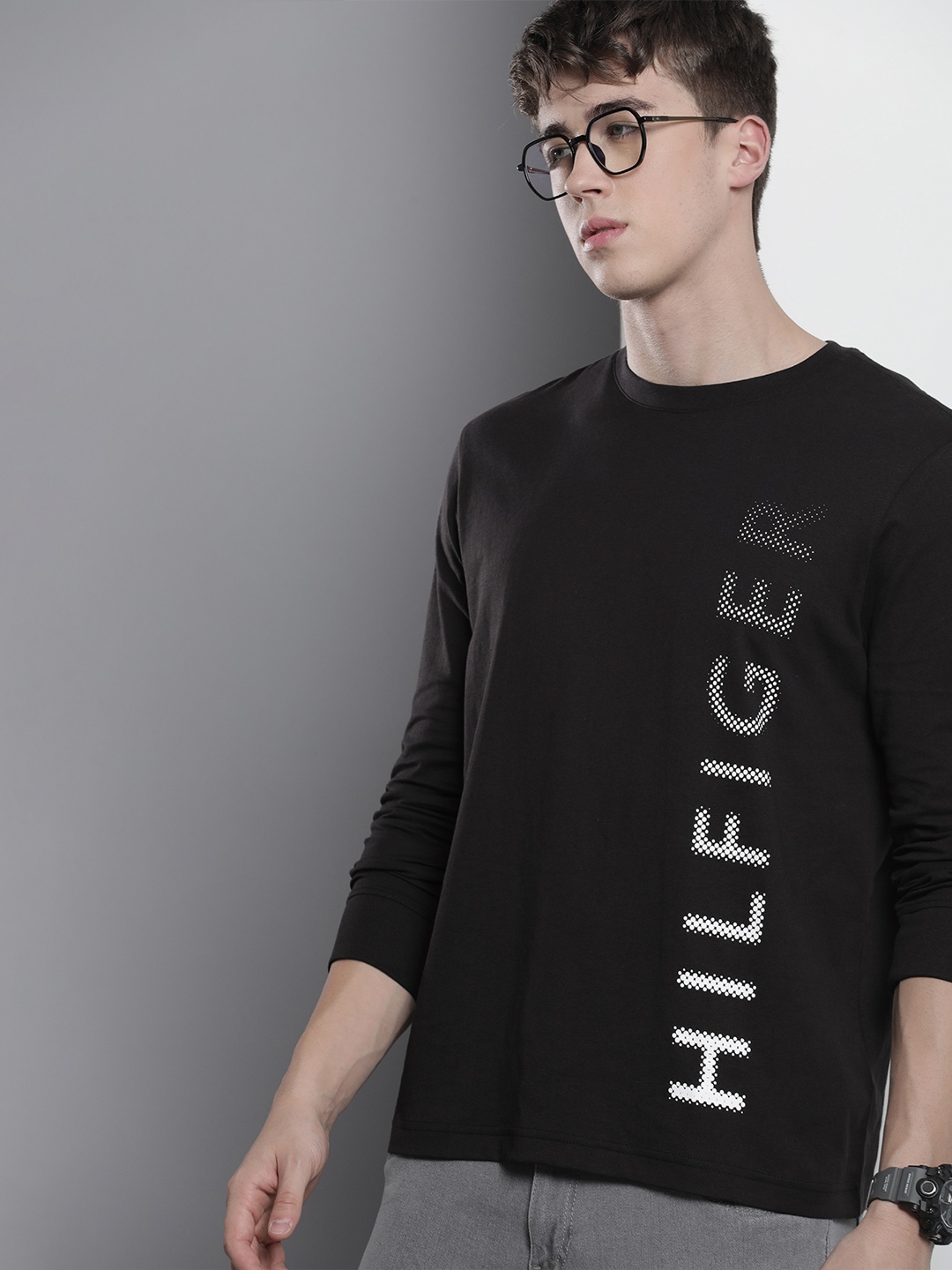 

Tommy Hilfiger Brand Logo Placement Print Knitted Organic Cotton T-shirt, Black