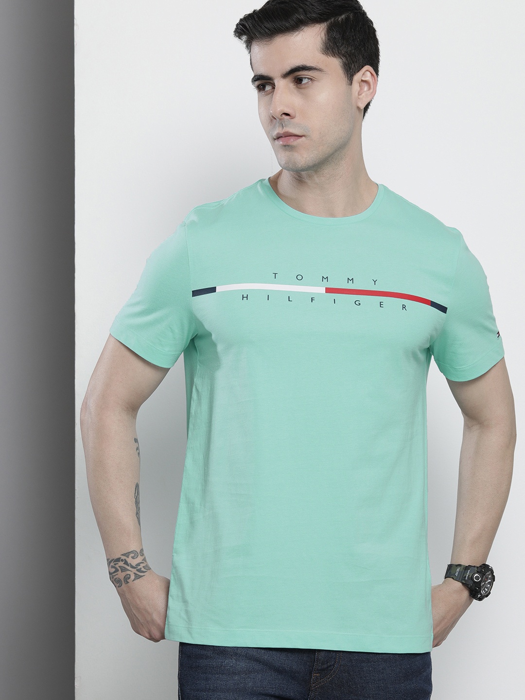 

Tommy Hilfiger Men Brand Logo Printed Pure Cotton T-shirt, Blue