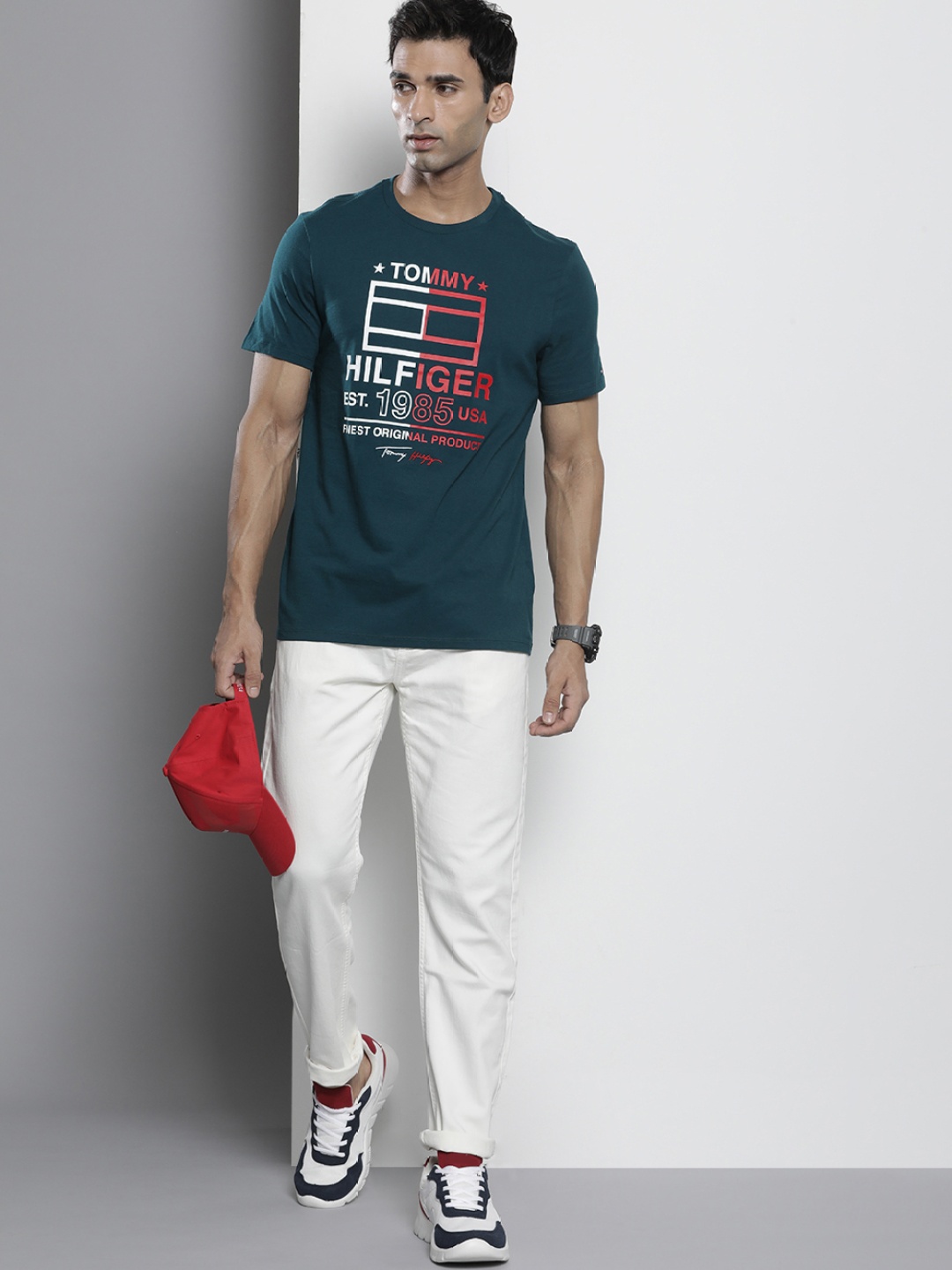 

Tommy Hilfiger Men Pure Cotton Round Neck Brand Logo Printed T-shirt, Teal