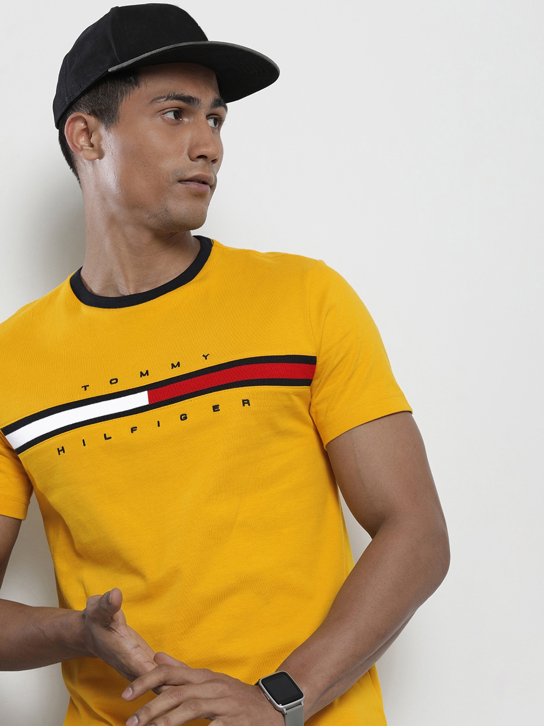 

Tommy Hilfiger Men Brand Logo Printed Pure Cotton T-shirt, Yellow