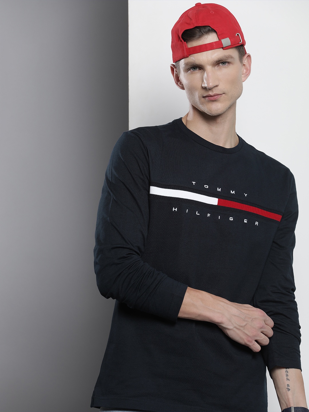 

Tommy Hilfiger Round Neck Typography Embroidered & Striped Pure Cotton T-shirt, Navy blue