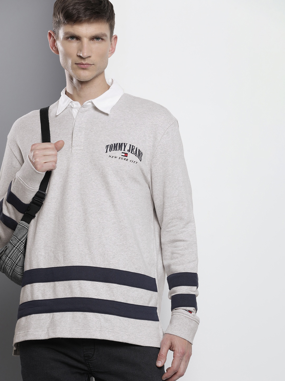 

Tommy Hilfiger Embroidered Brand Logo Striped Polo Collar Pure Cotton T-shirt, Grey