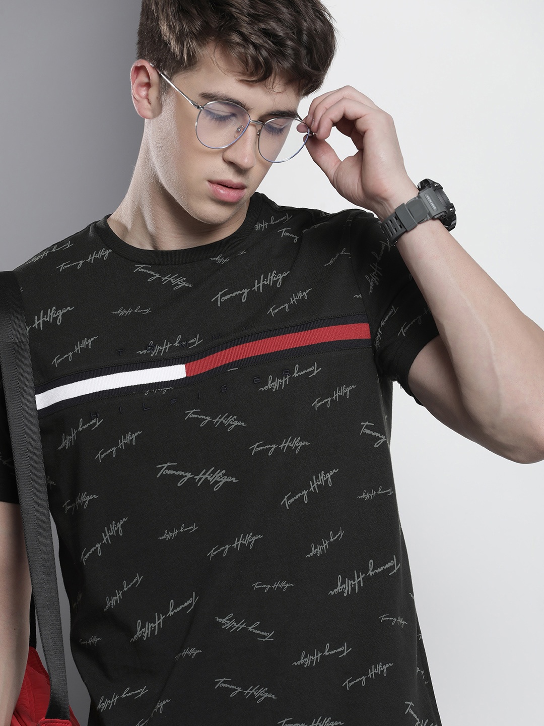 

Tommy Hilfiger Brand Logo Print & Striped Knitted Pure Cotton T-shirt, Black