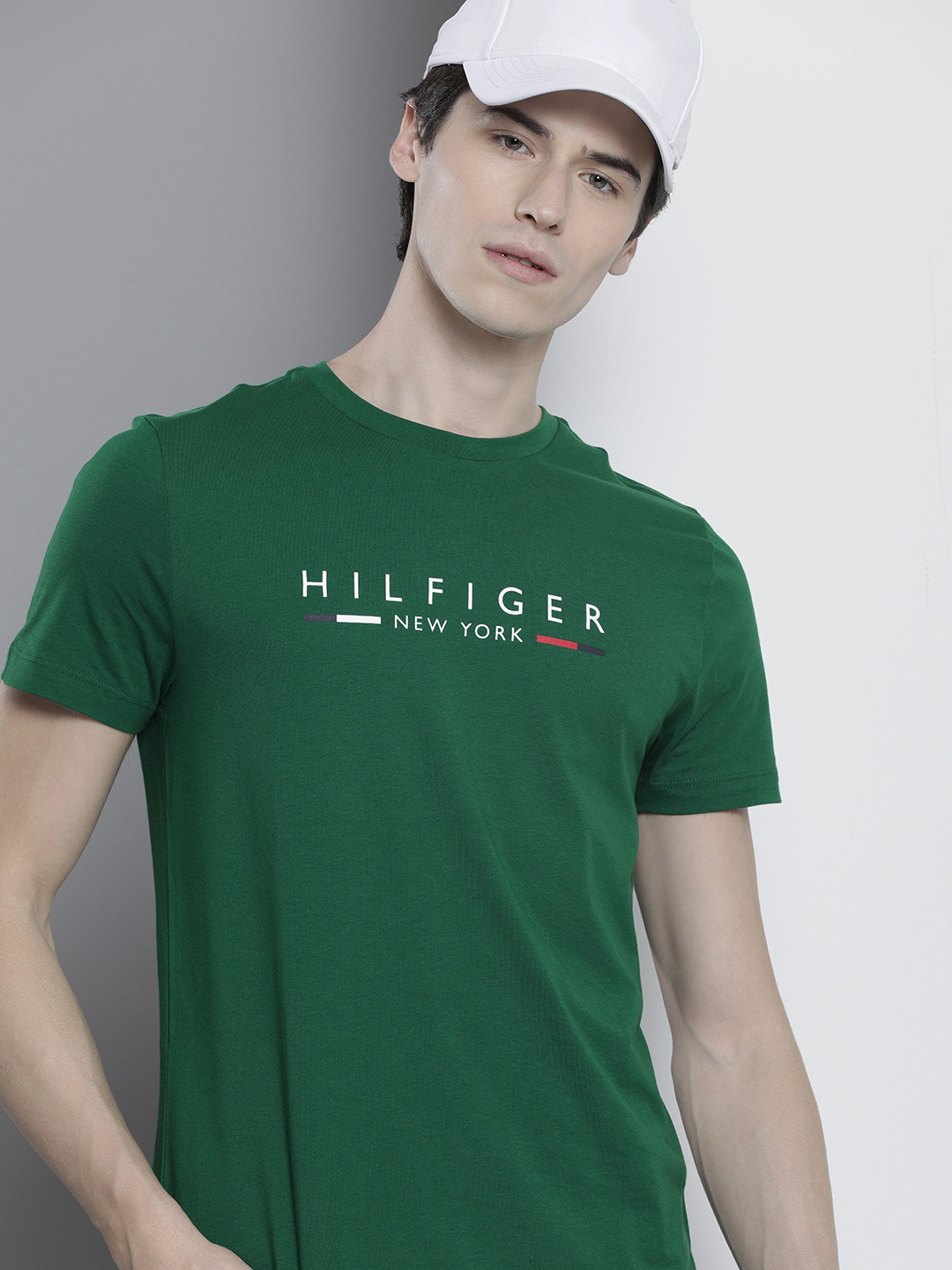 

Tommy Hilfiger Men Brand Logo Printed Pure Cotton Slim Fit T-shirt, Green