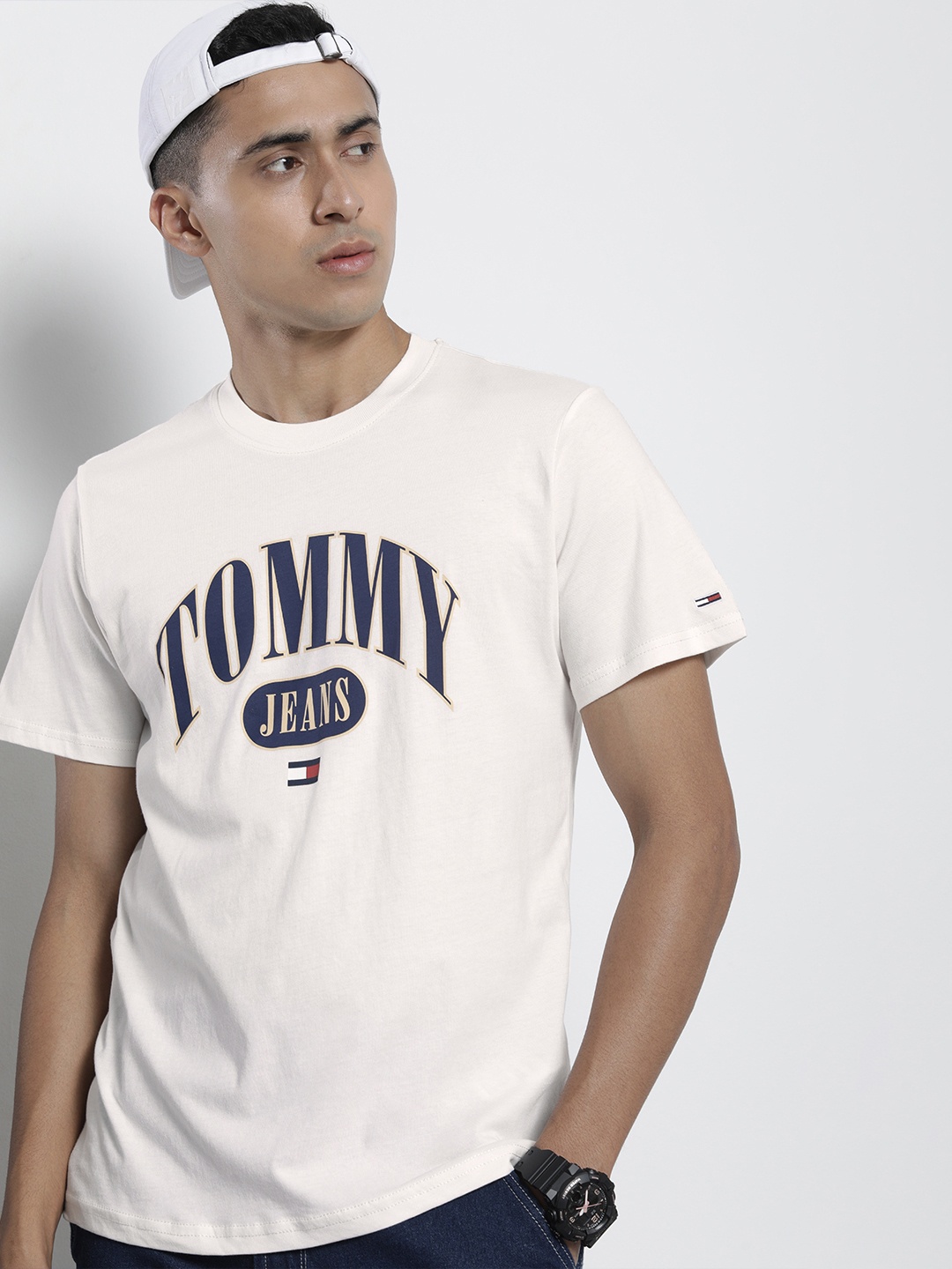 

Tommy Hilfiger Men Sustainable Pure Cotton Brand Logo Printed T-shirt, Cream