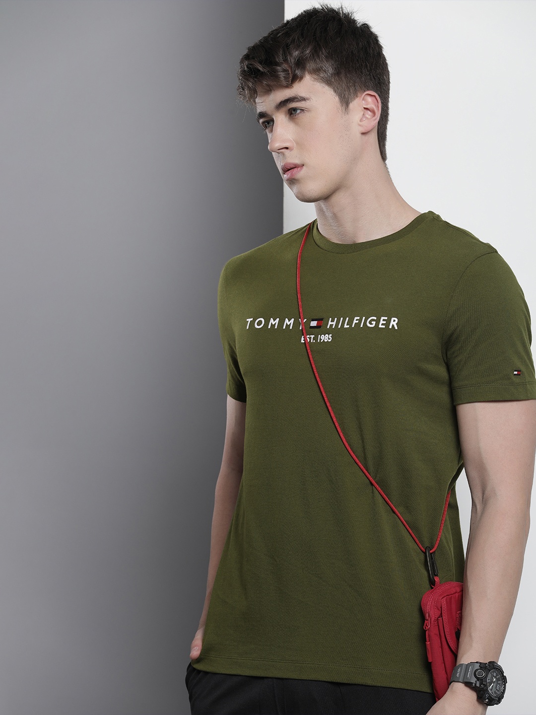 

Tommy Hilfiger Brand Logo Embroidered Knitted Pure Cotton T-shirt, Olive