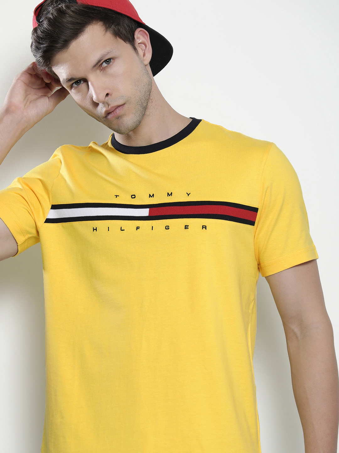 

Tommy Hilfiger Men Pure Cotton Striped Round T-shirt, Yellow
