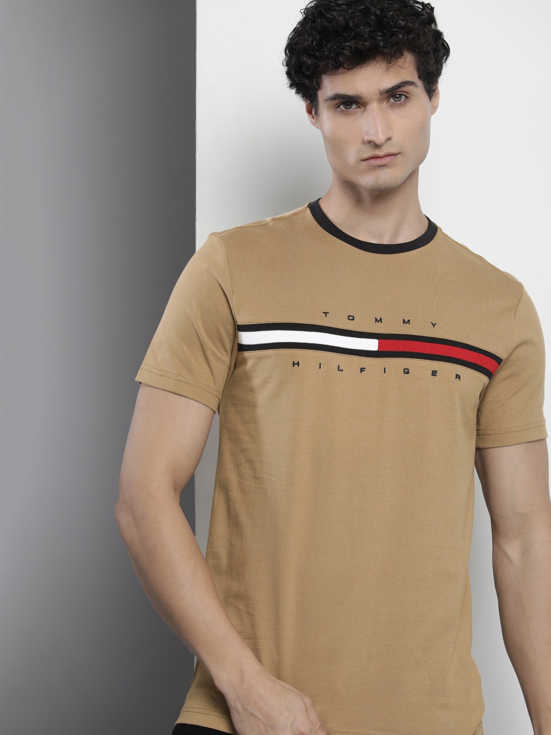 

Tommy Hilfiger Men Brand Logo Embroidered Pure Cotton T-shirt, Camel brown