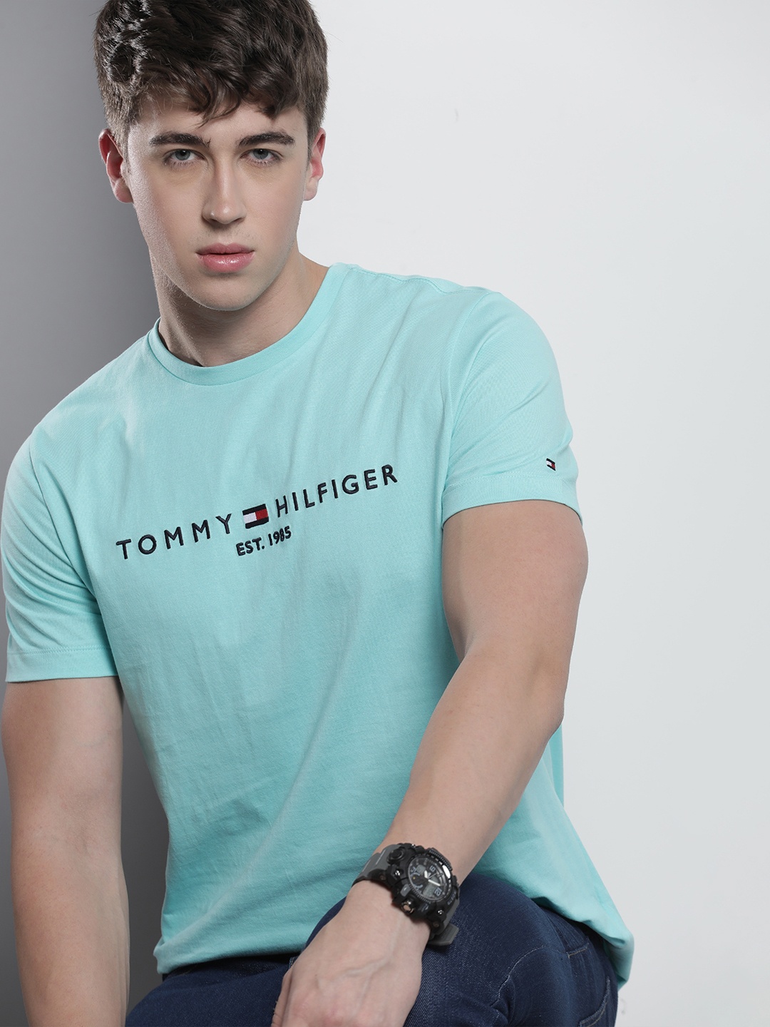 

Tommy Hilfiger Round Neck Brand Logo Embroidered Pure Cotton T-shirt, Blue