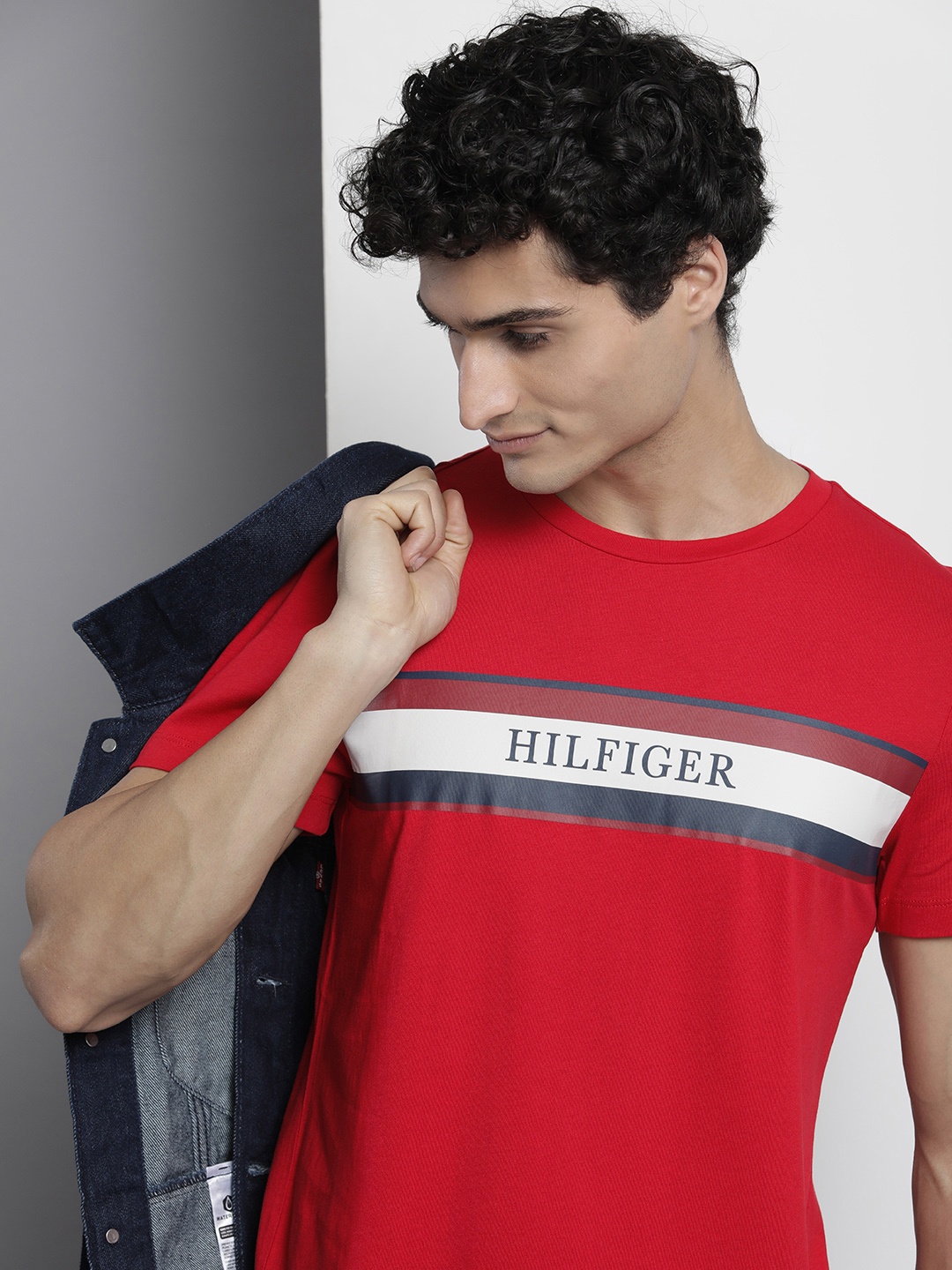 

Tommy Hilfiger Men Typography Striped Pure Cotton Slim Fit T-shirt, Red