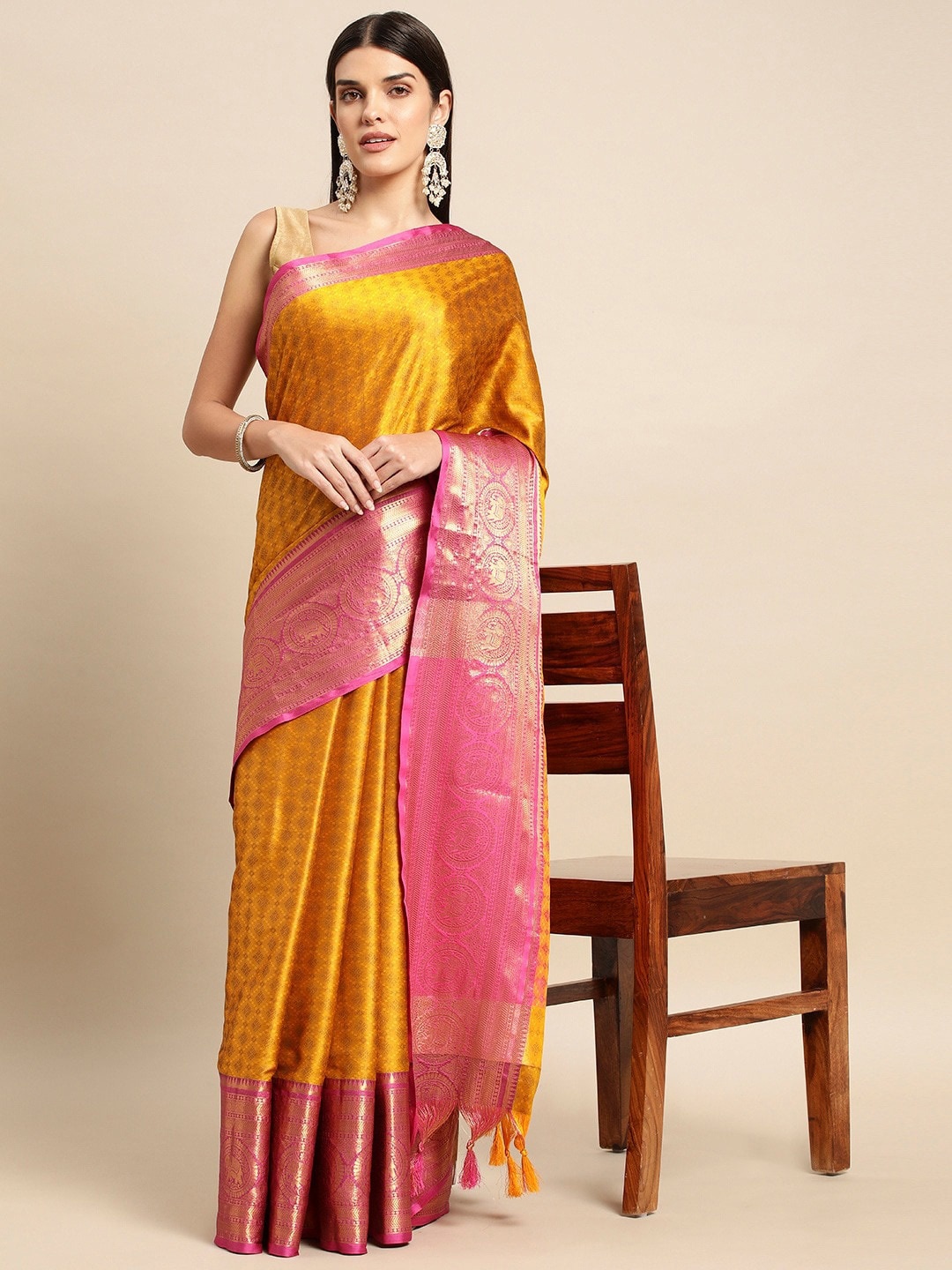 

M M Venture Woven Design Silk Cotton Saree, Yellow