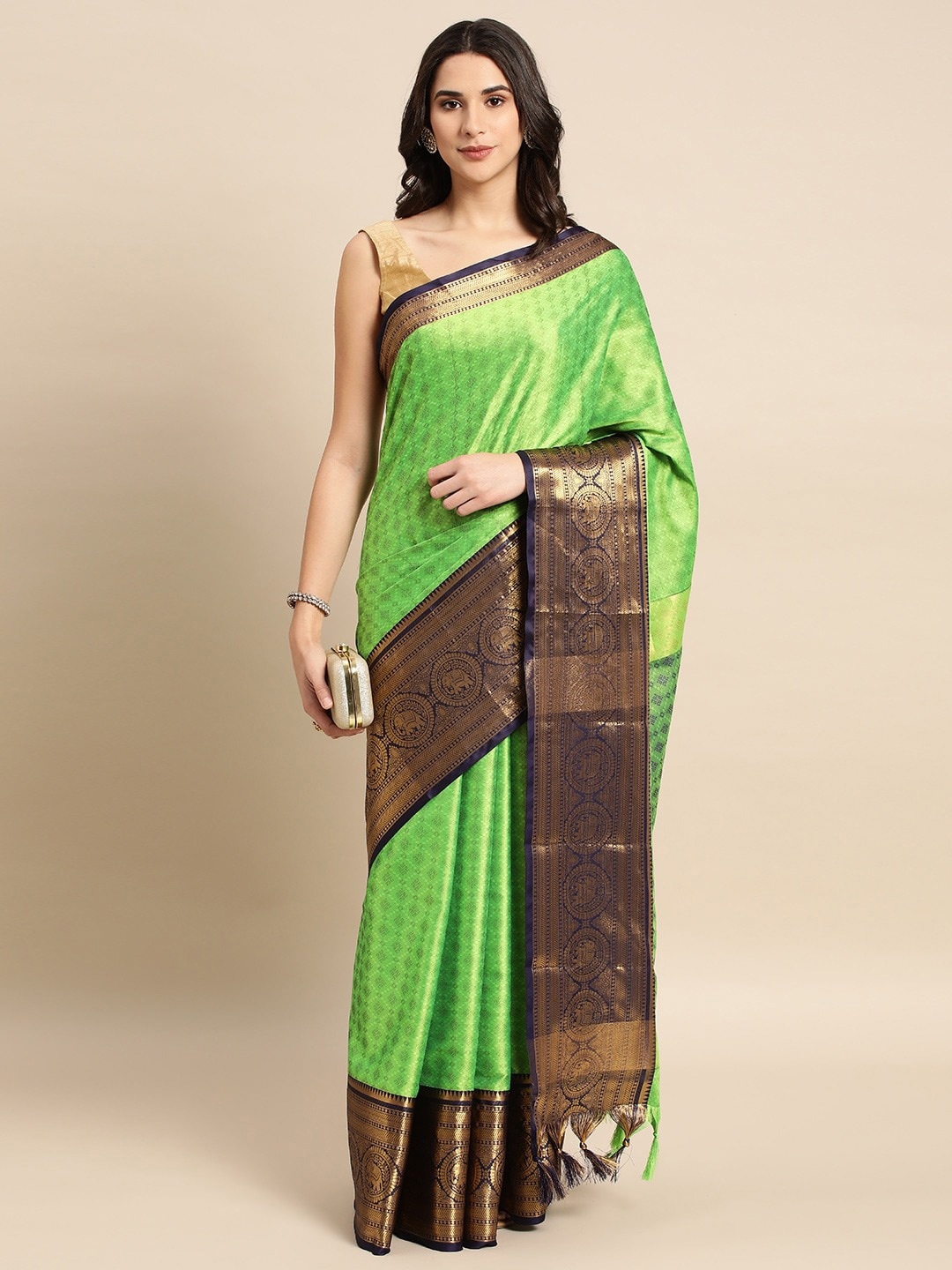 

M M Venture Woven Design Silk Cotton Saree, Green