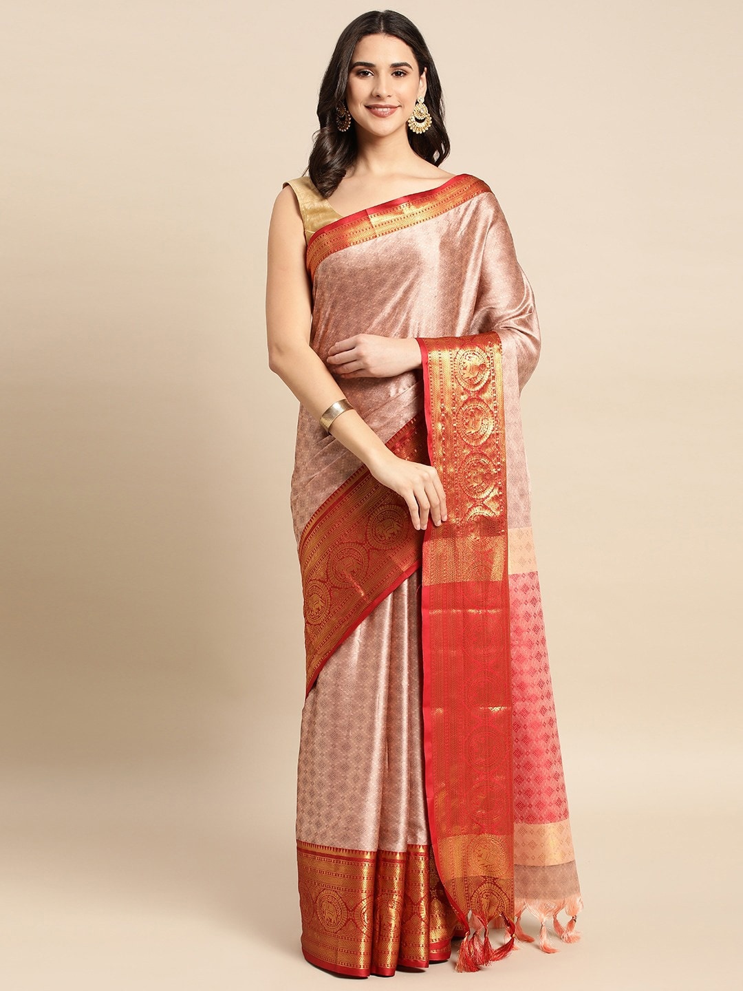 

M M Venture Woven Design Silk Cotton Saree, Peach