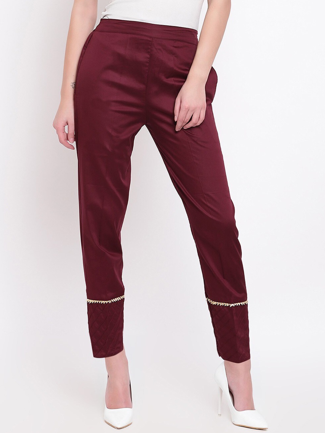 

RIVI Women Low-Rise Easy Wash Cotton Trousers, Maroon