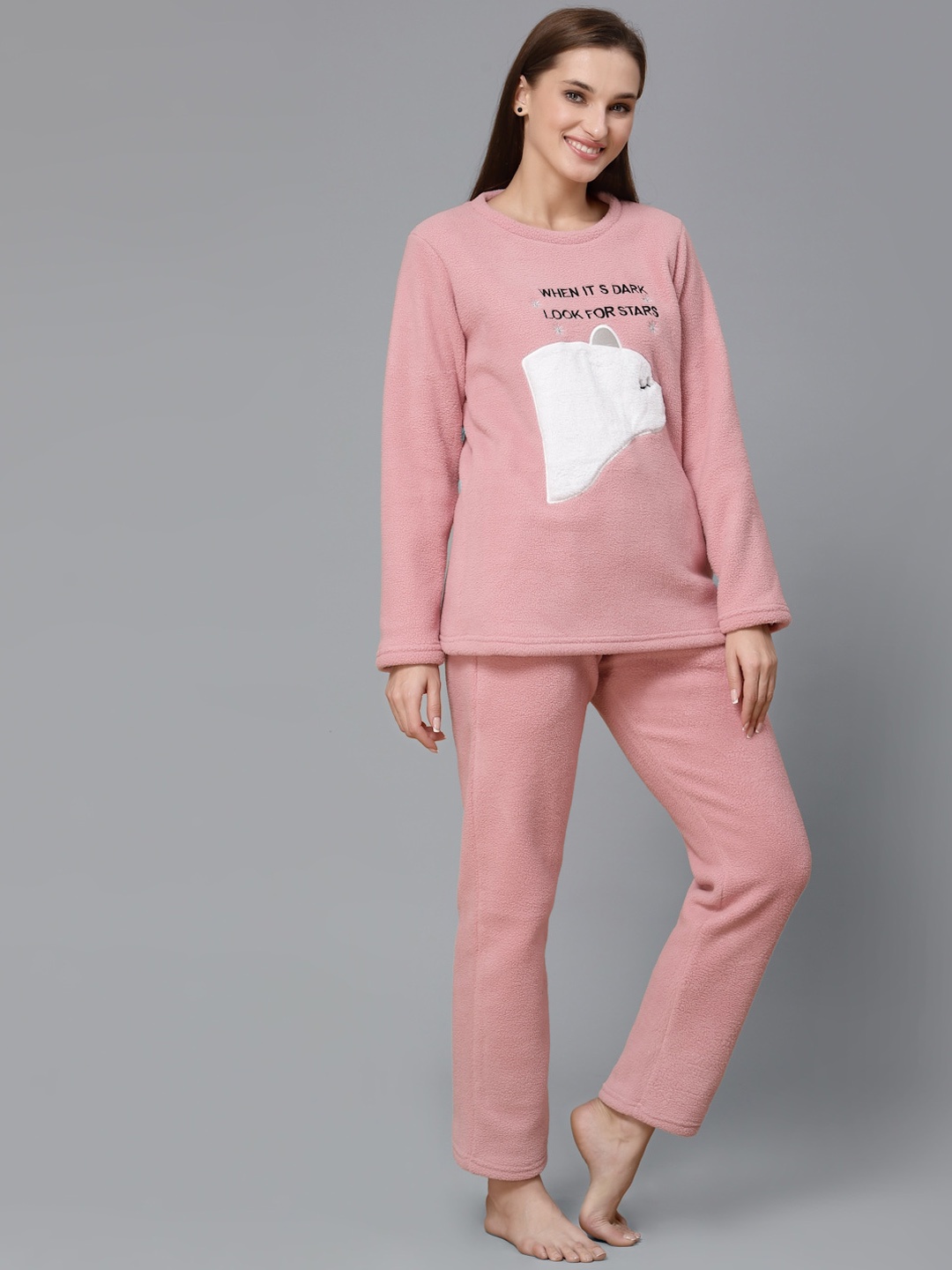 

Sweet Dreams Women Printed Fleece Night suit, Pink