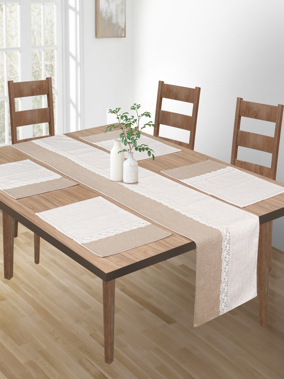 

SHADES of LIFE White & Beige Color-Blocked Table Runners With Lace