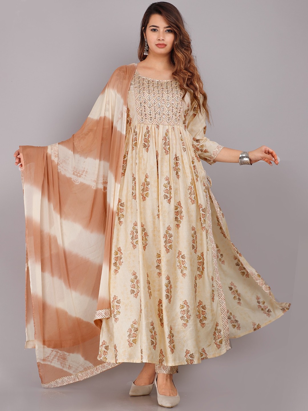 

KALINI Floral Printed Round Neck Kurta with Trousers & Dupatta, Brown