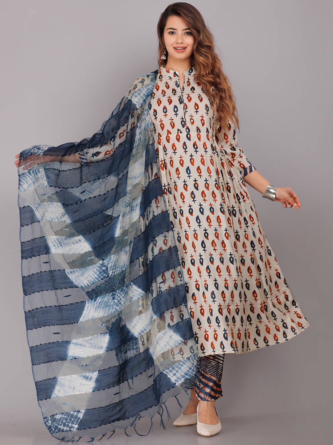 

KALINI Ethnic Motifs Printed Mandarin Collar Kurta with Trousers & Dupatta, Rust