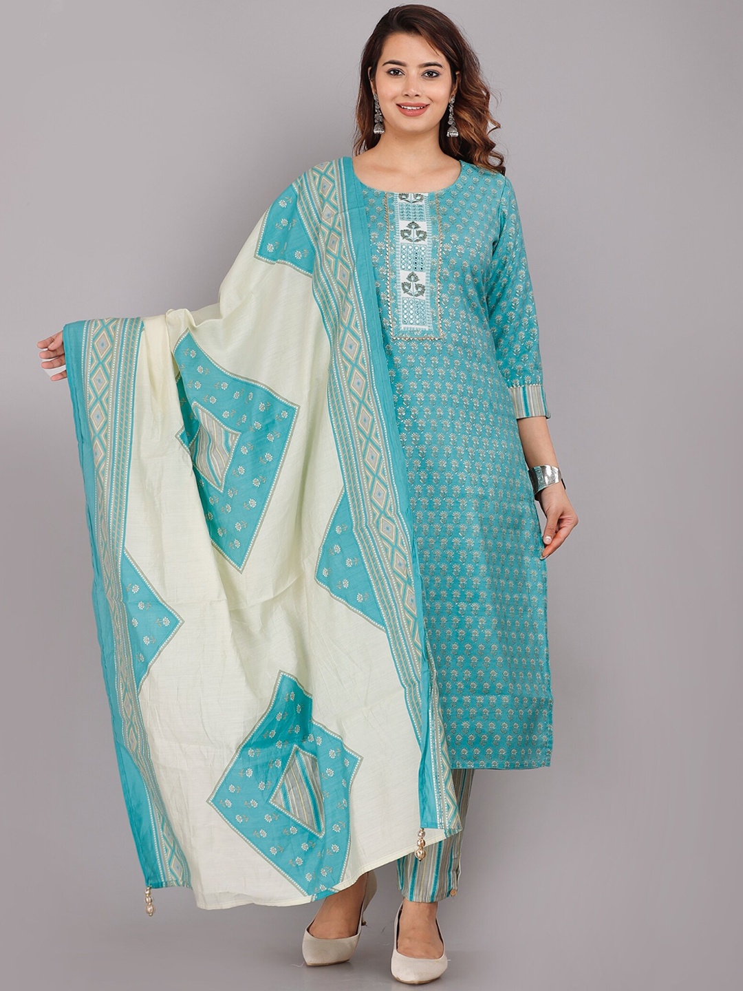 

KALINI Floral Printed Round Neck Kurta with Trousers & Dupatta, Blue