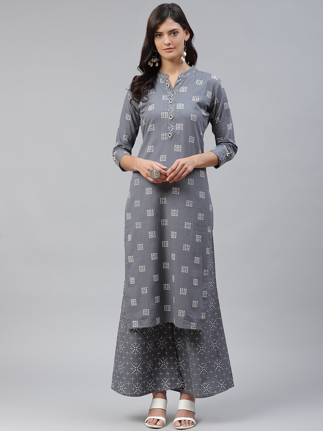 

KALINI Printed Mandarin Collar Pure Cotton Kurta with Palazzos, Grey