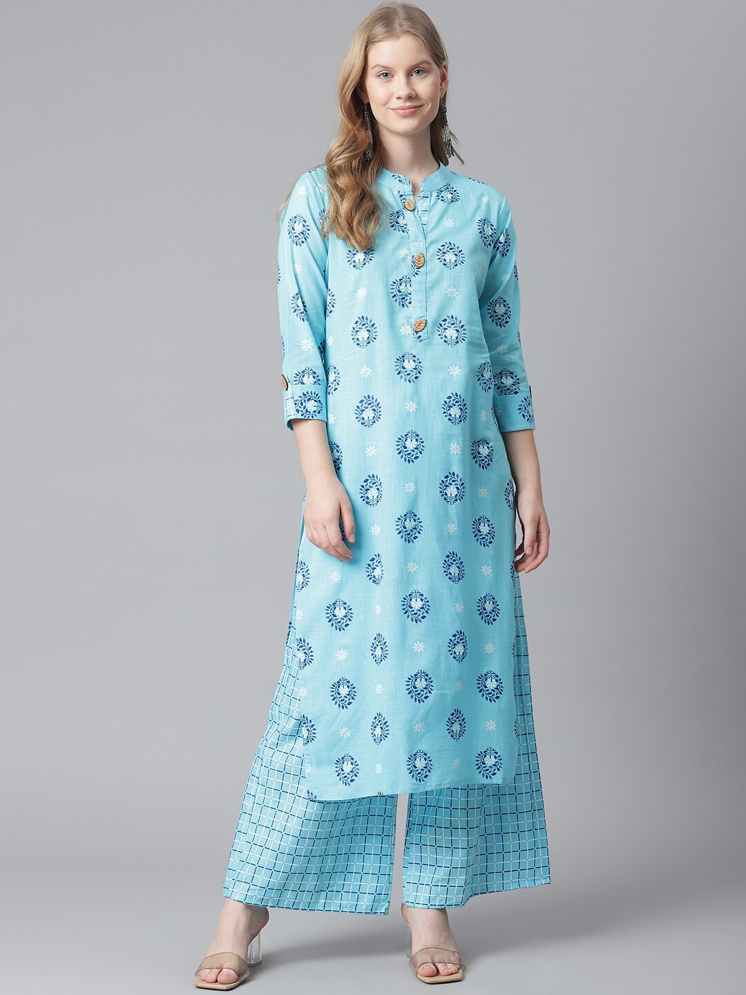 

KALINI Floral Pure Mandarin Collar Pure Cotton Kurta with Palazzos, Blue