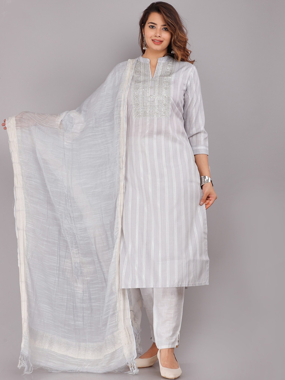 

KALINI Striped Mandarin Collar Kurta with Trousers & Dupatta, Grey