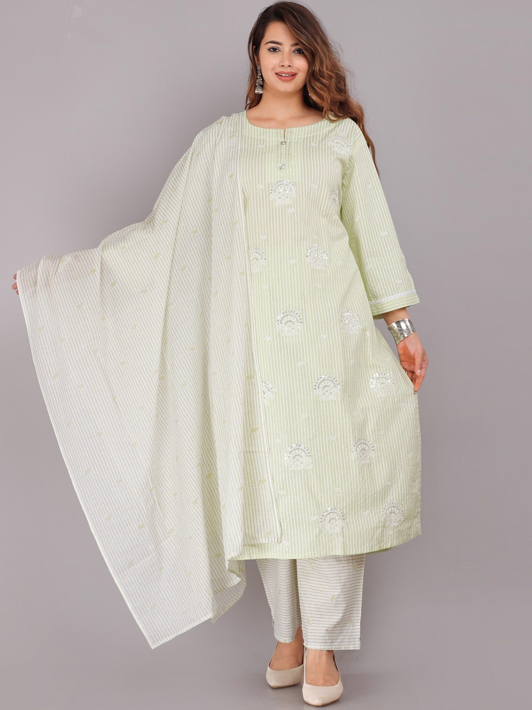 

KALINI Ethnic Motifs Printed Pure Cotton Kurta with Trousers & Dupatta, Green