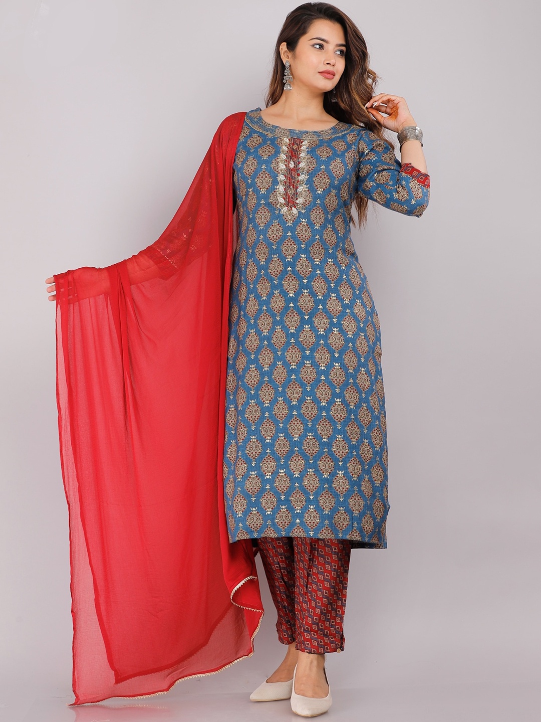 

KALINI Ethnic Motifs Printed Kurta with Trousers & Dupatta, Teal