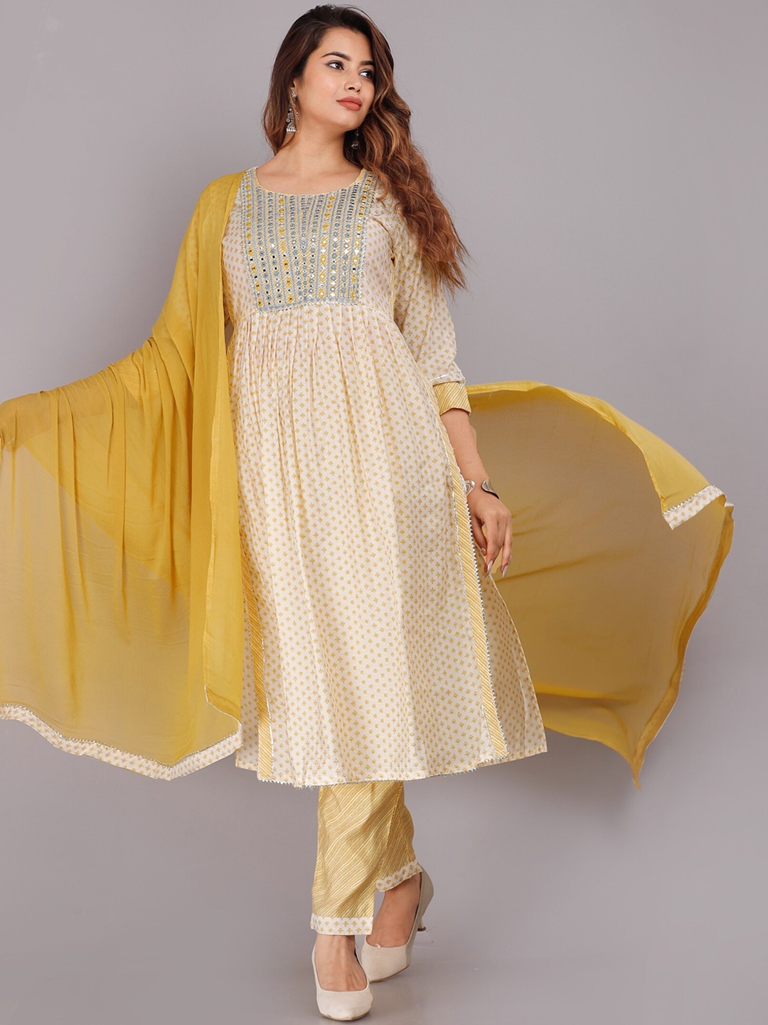 

KALINI Ethnic Motifs Printed Empire Kurta with Trousers & Dupatta, Yellow