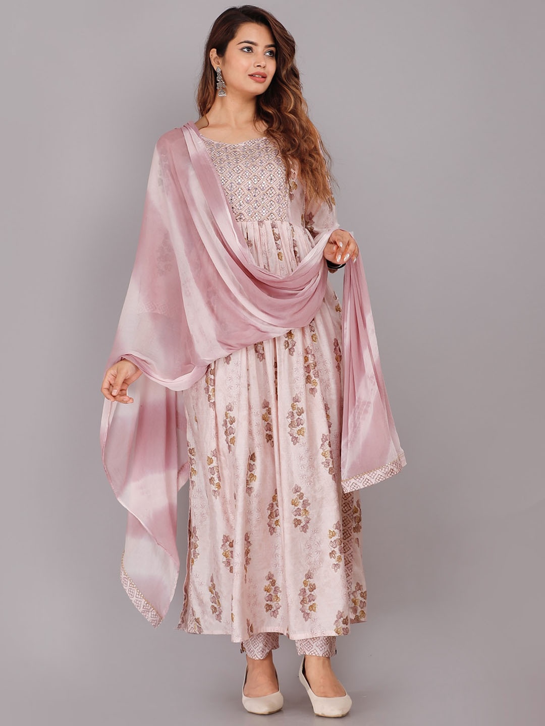 

KALINI Floral Printed Round Neck Kurta with Trousers & Dupatta, Pink