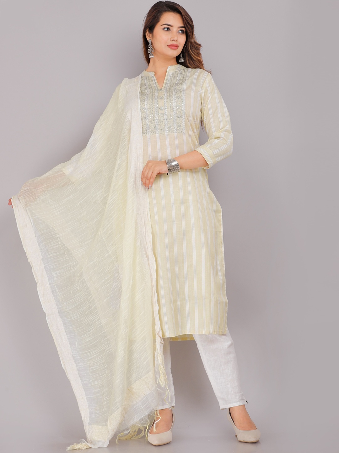 

KALINI Striped Mandarin Collar Kurta with Trousers & Dupatta, Yellow