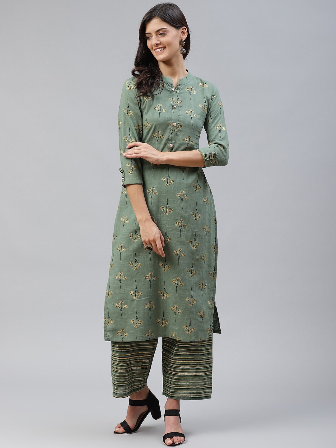 

KALINI Floral Printed Pure Cotton Kurta with Palazzos, Green