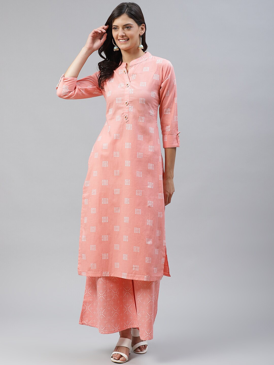 

KALINI Printed Mandarin Collar Pure Cotton Kurta with Palazzos, Peach