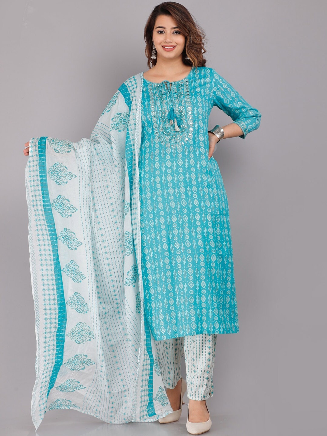 

KALINI Ethnic Motifs Printed Kurta with Trousers & Pure Cotton Dupatta, Blue
