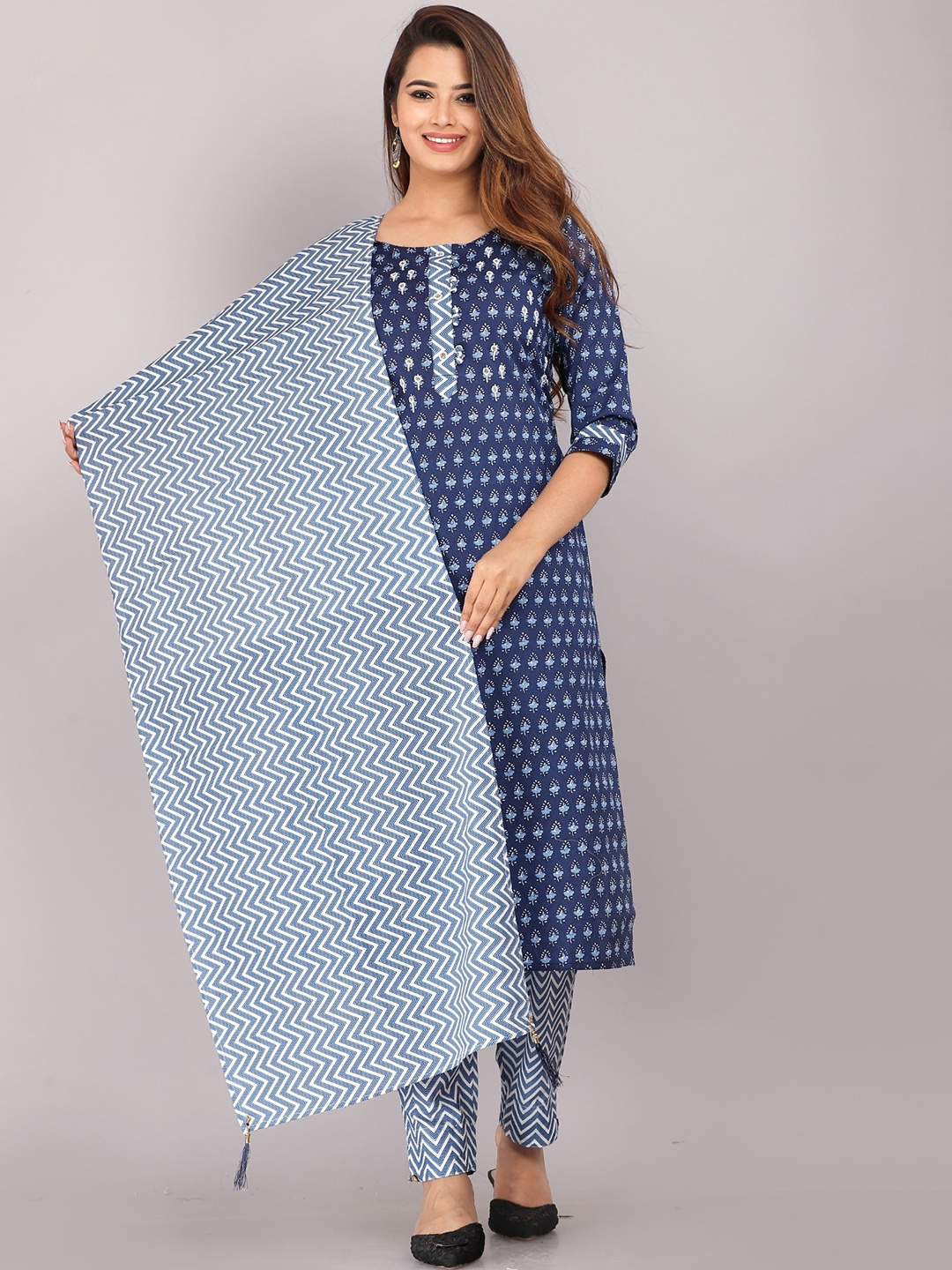 

KALINI Ethnic Motifs Printed Pure Cotton Kurta with Trousers & Dupatta, Navy blue